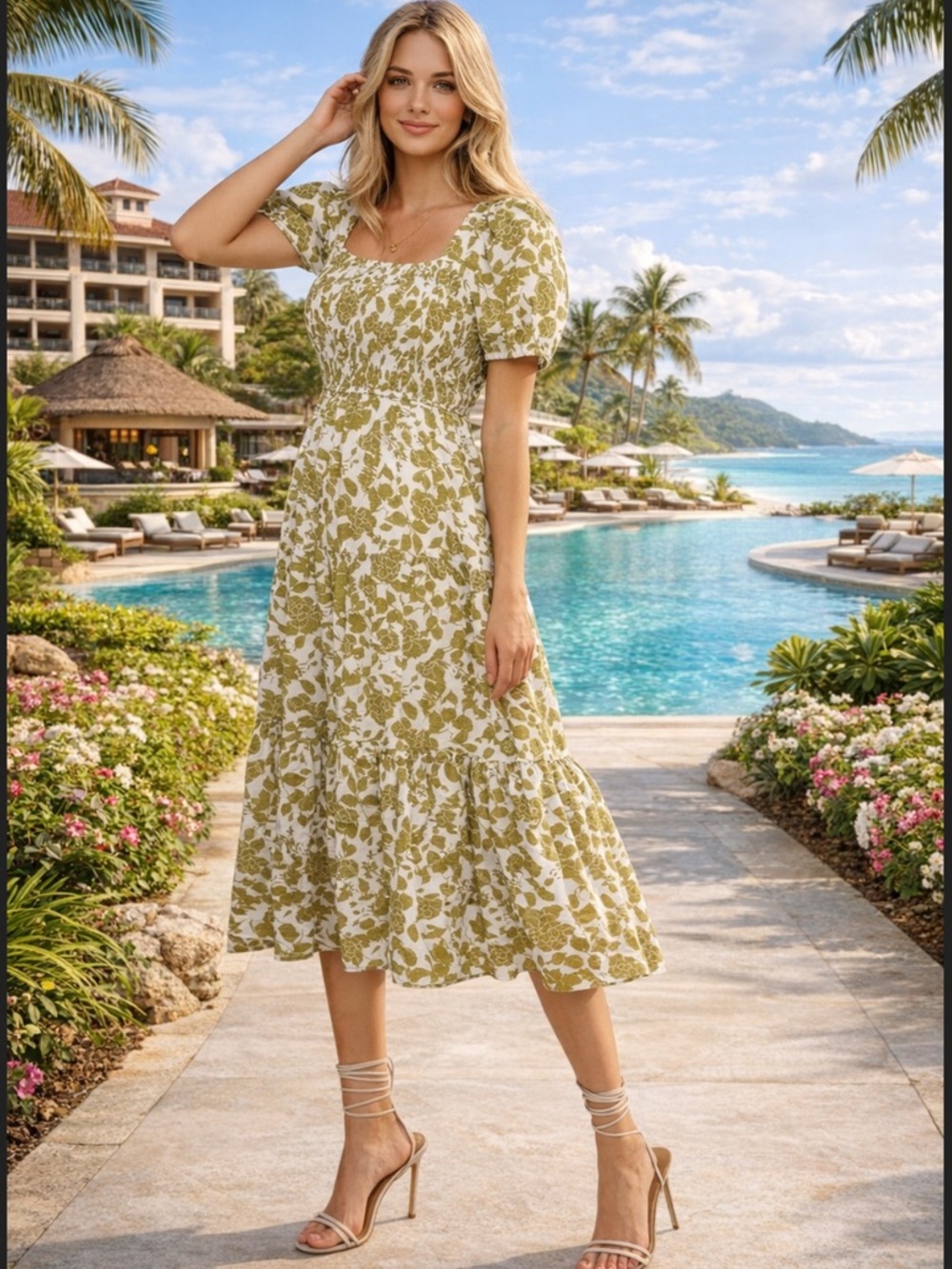 NWT August Sky Floral Smocked Midi Dress Twee Resortwear Vacation Summer